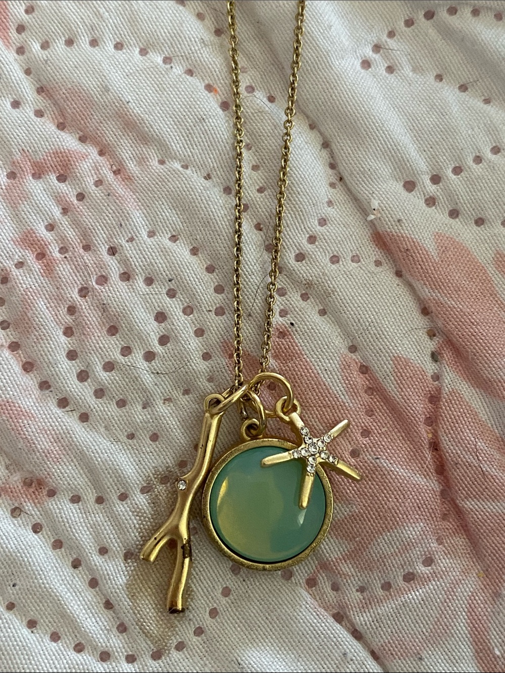 Gold tone Pendant Necklace with Seafoam Green Stone and Starfish Charm